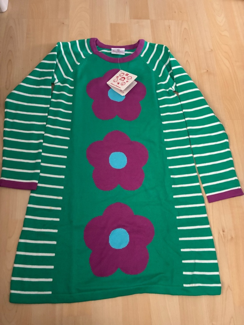 Hanna Andersson Green Dress with Purple Flowers and Blue Centers